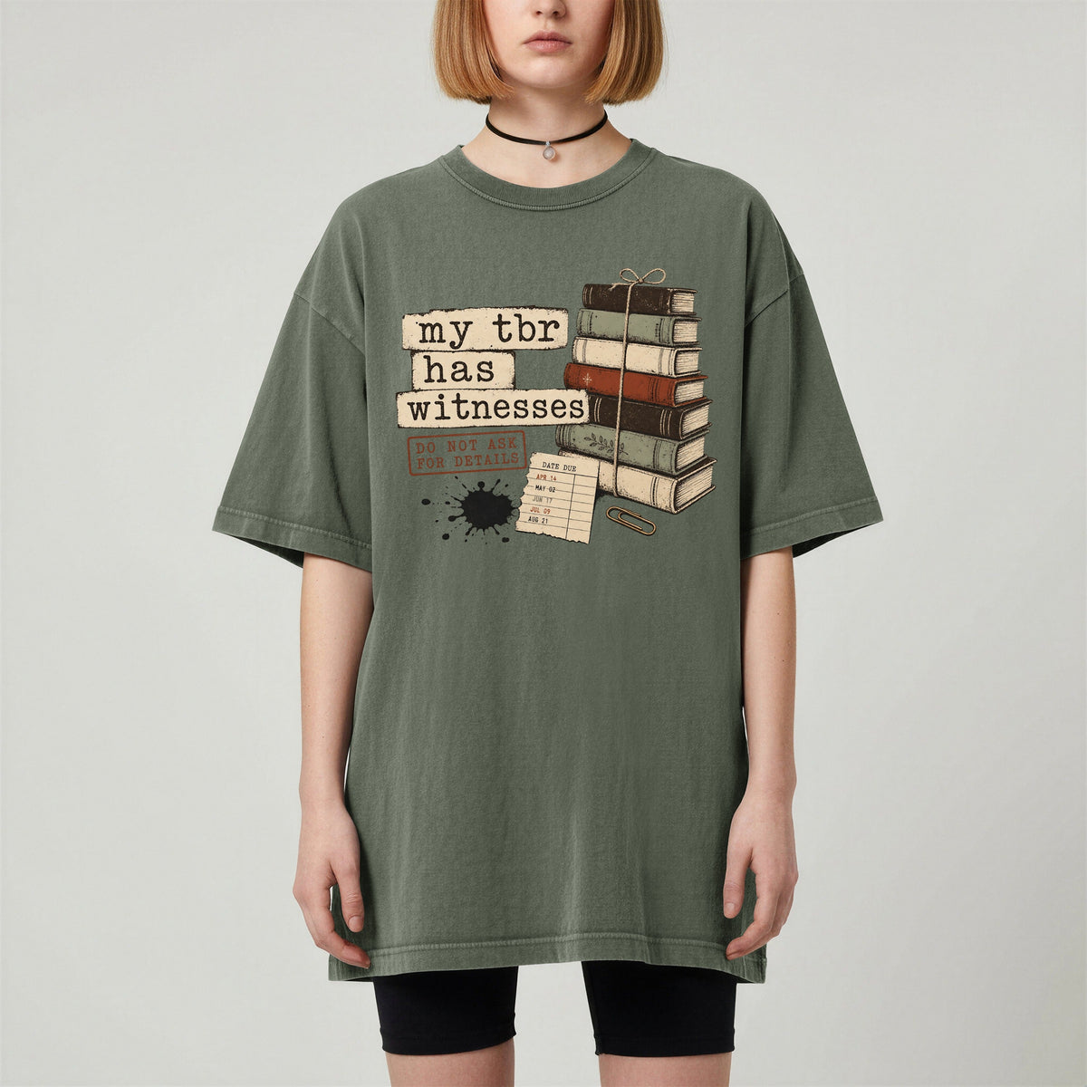 Shelf Love Studio My TBR Has Witnesses t-shirt in Moss, worn