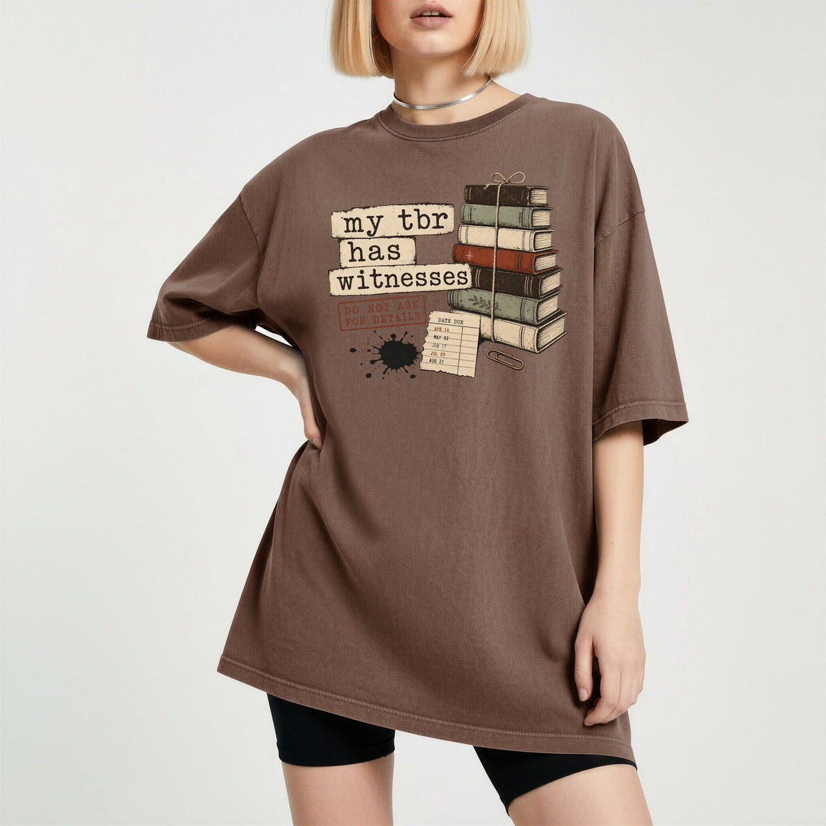 Shelf Love Studio My TBR Has Witnesses t-shirt in Espresso, worn