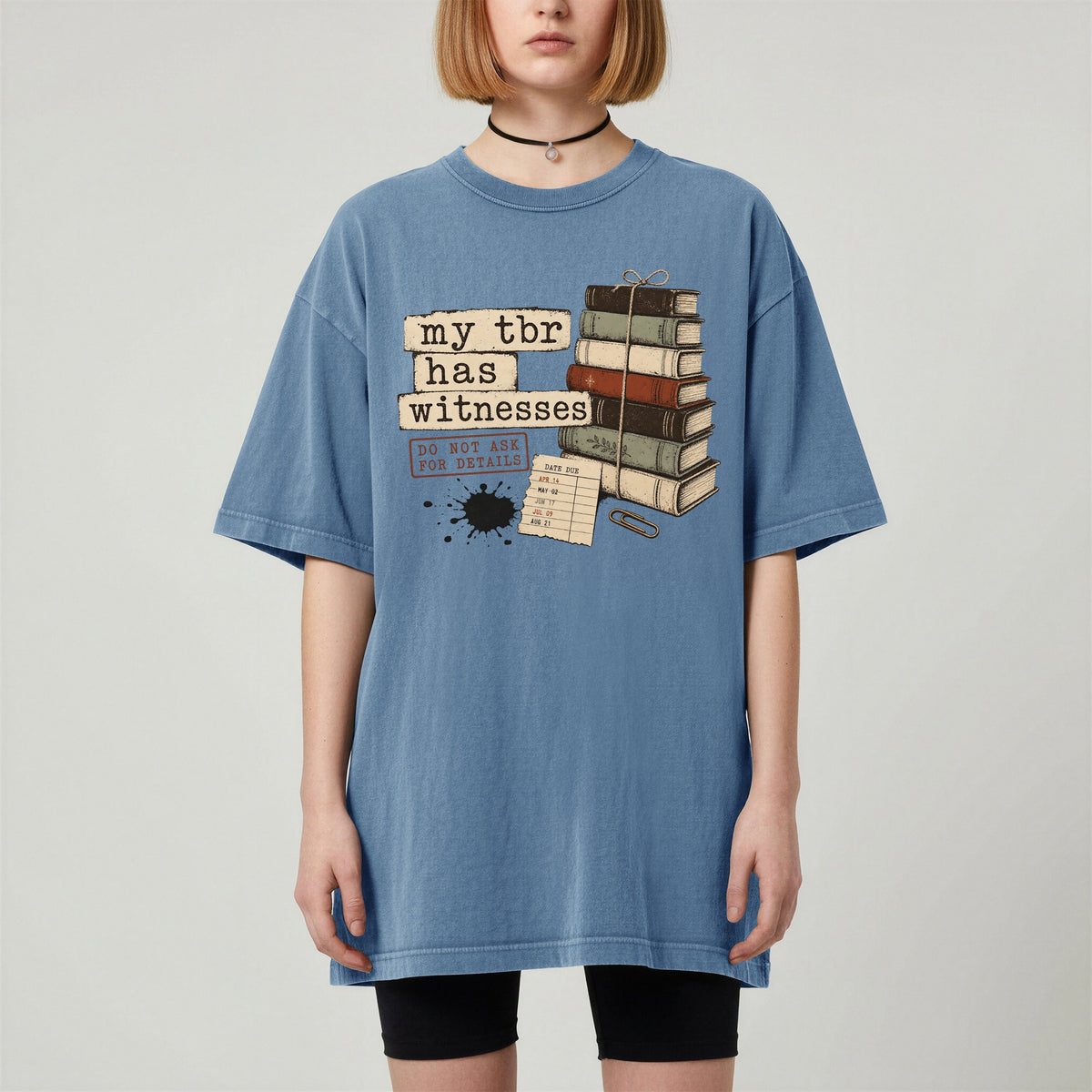 Shelf Love Studio My TBR Has Witnesses t-shirt in Blue Jean, worn