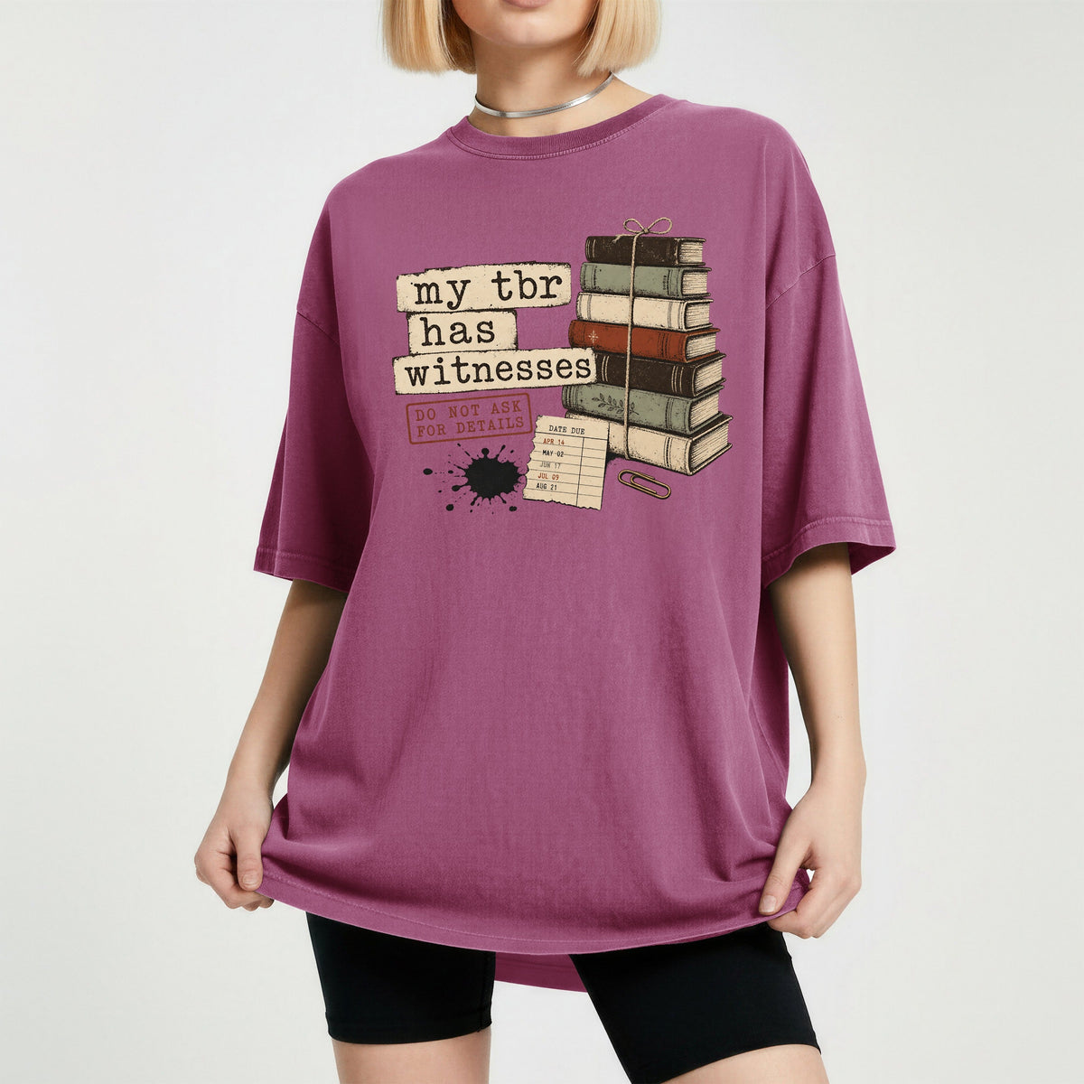 Shelf Love Studio My TBR Has Witnesses t-shirt in Berry, worn