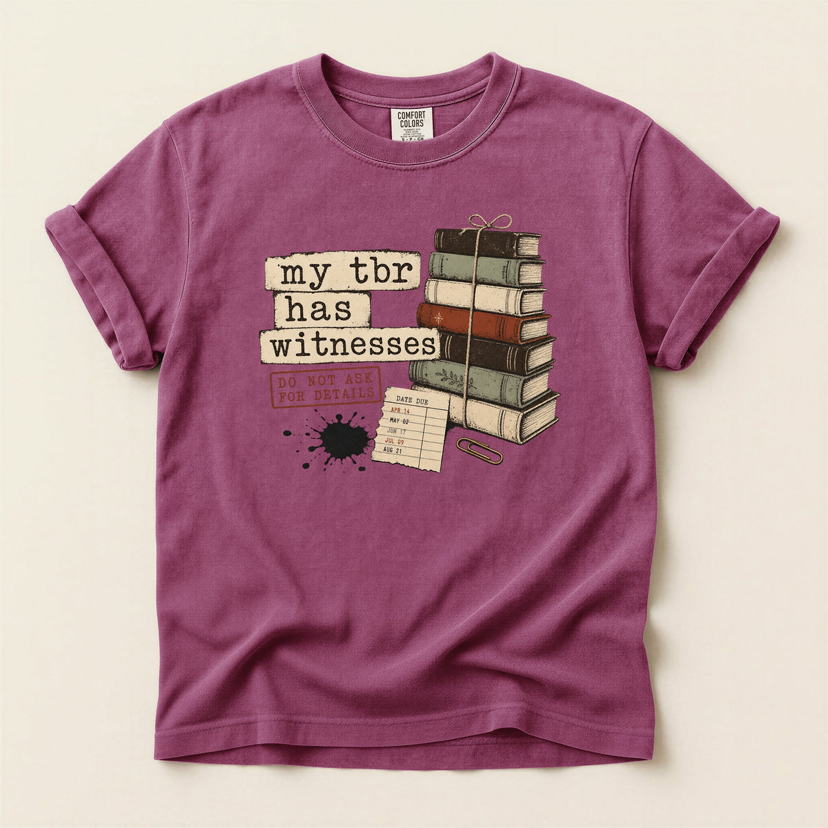 Shelf Love Studio My TBR Has Witnesses t-shirt in Berry, flat