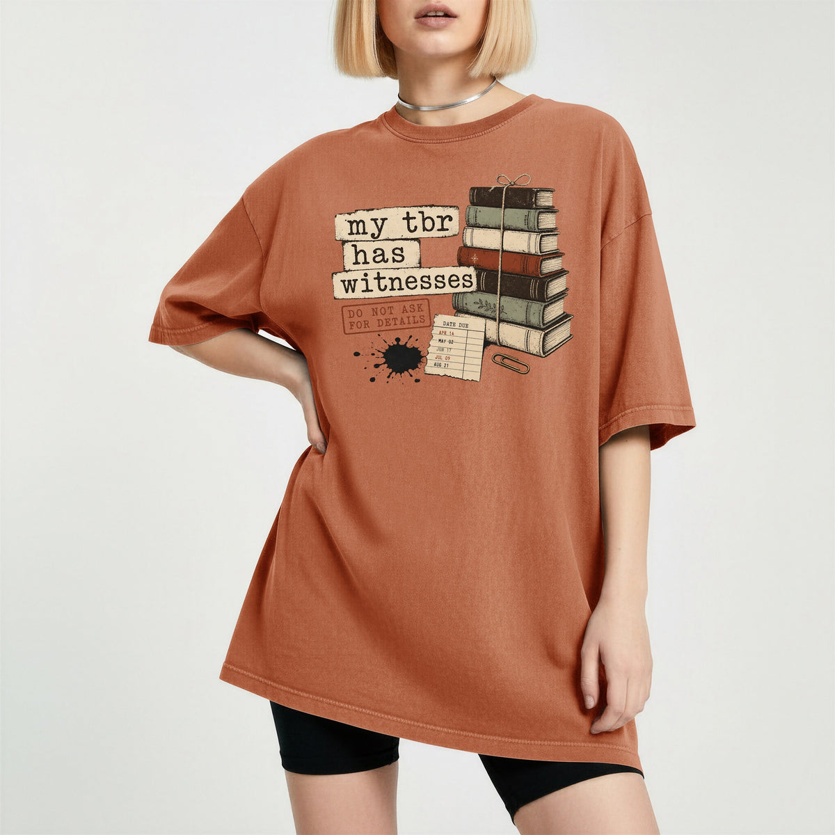 Shelf Love Studio My TBR Has Witnesses t-shirt in Yam, worn