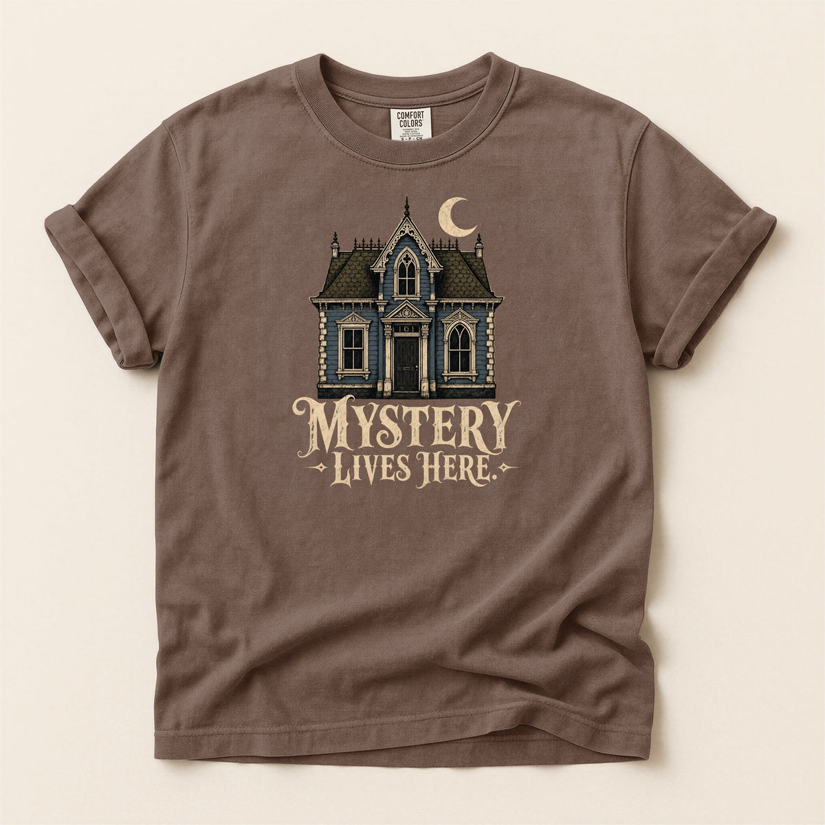 Shelf Love Studio Mystery Lives Here t-shirt in Espresso, flat