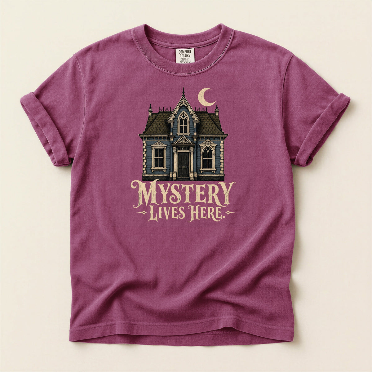 Shelf Love Studio Mystery Lives Here t-shirt in Berry, flat