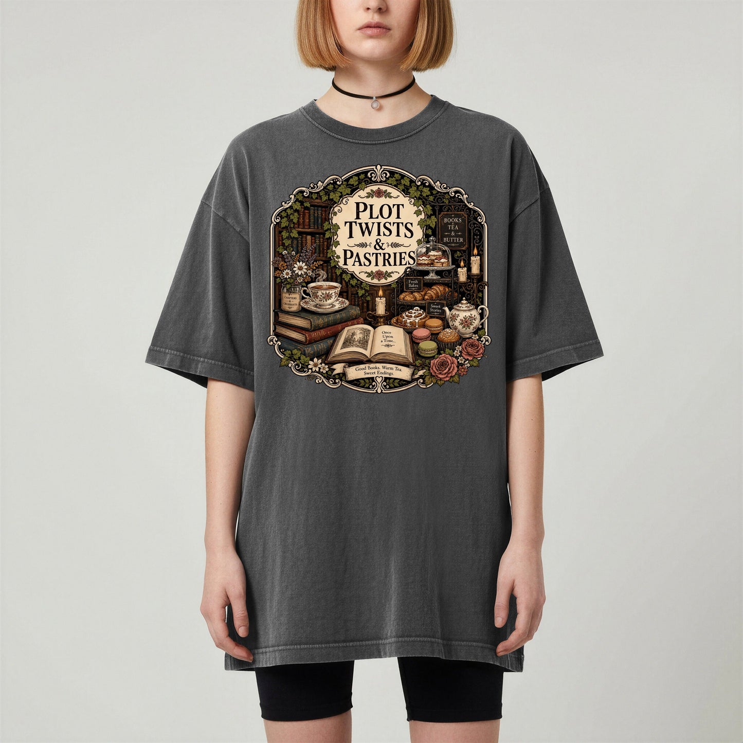 Plot Twists and Pastries bookish tee in Pepper, worn