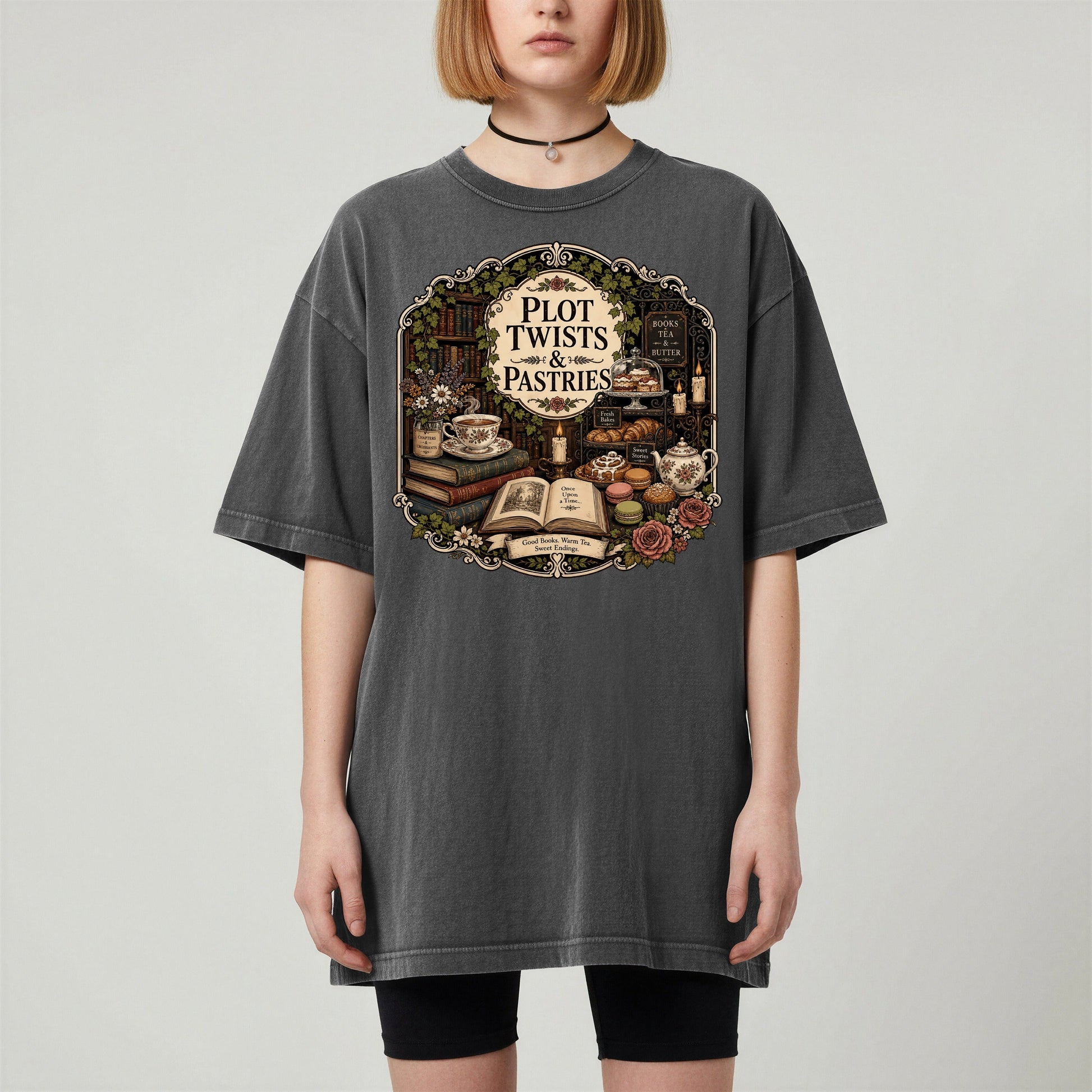 Plot Twists and Pastries bookish tee in Pepper, worn