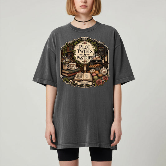 Plot Twists and Pastries bookish tee in Pepper, worn