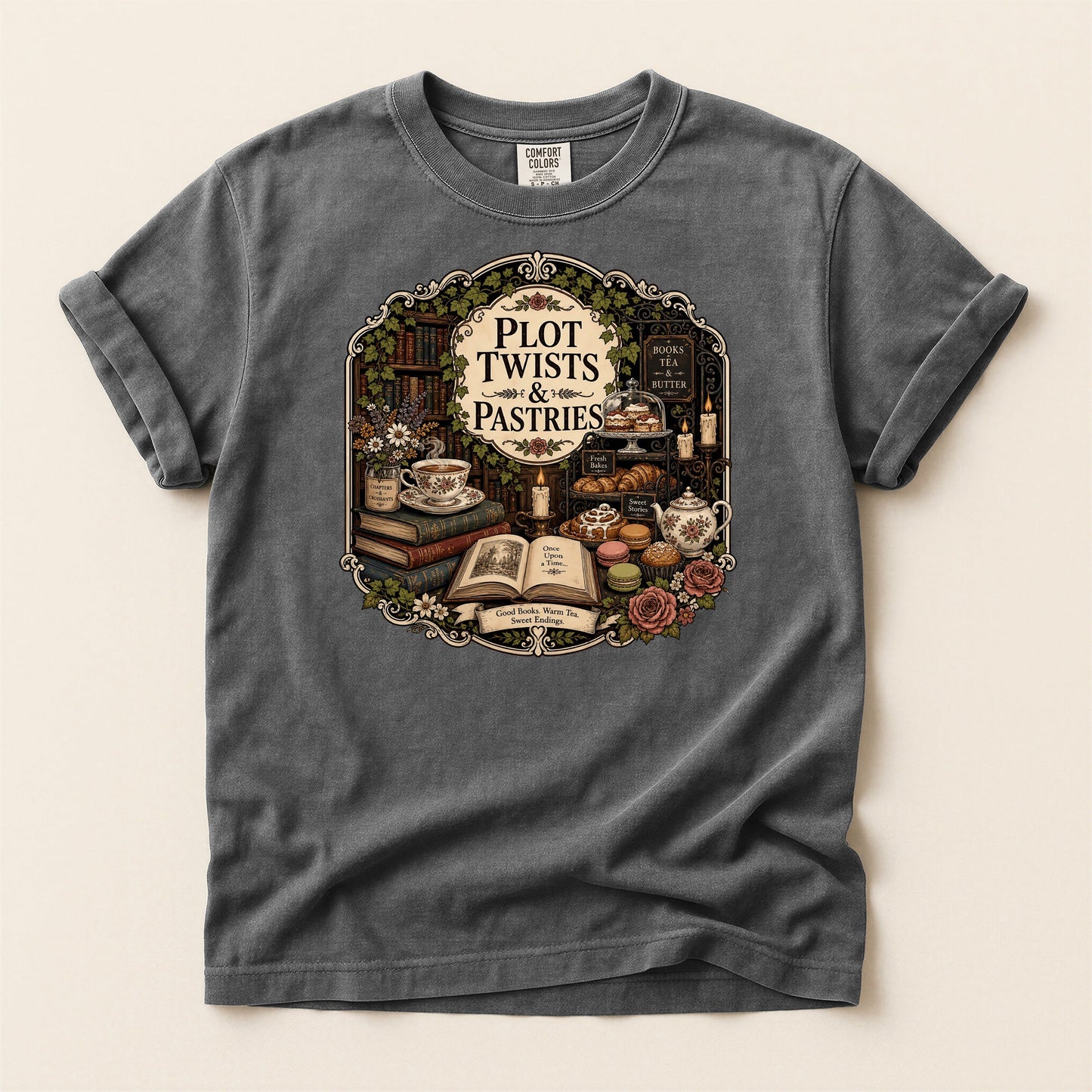 Plot Twists and Pastries bookish tee in Pepper, full flat