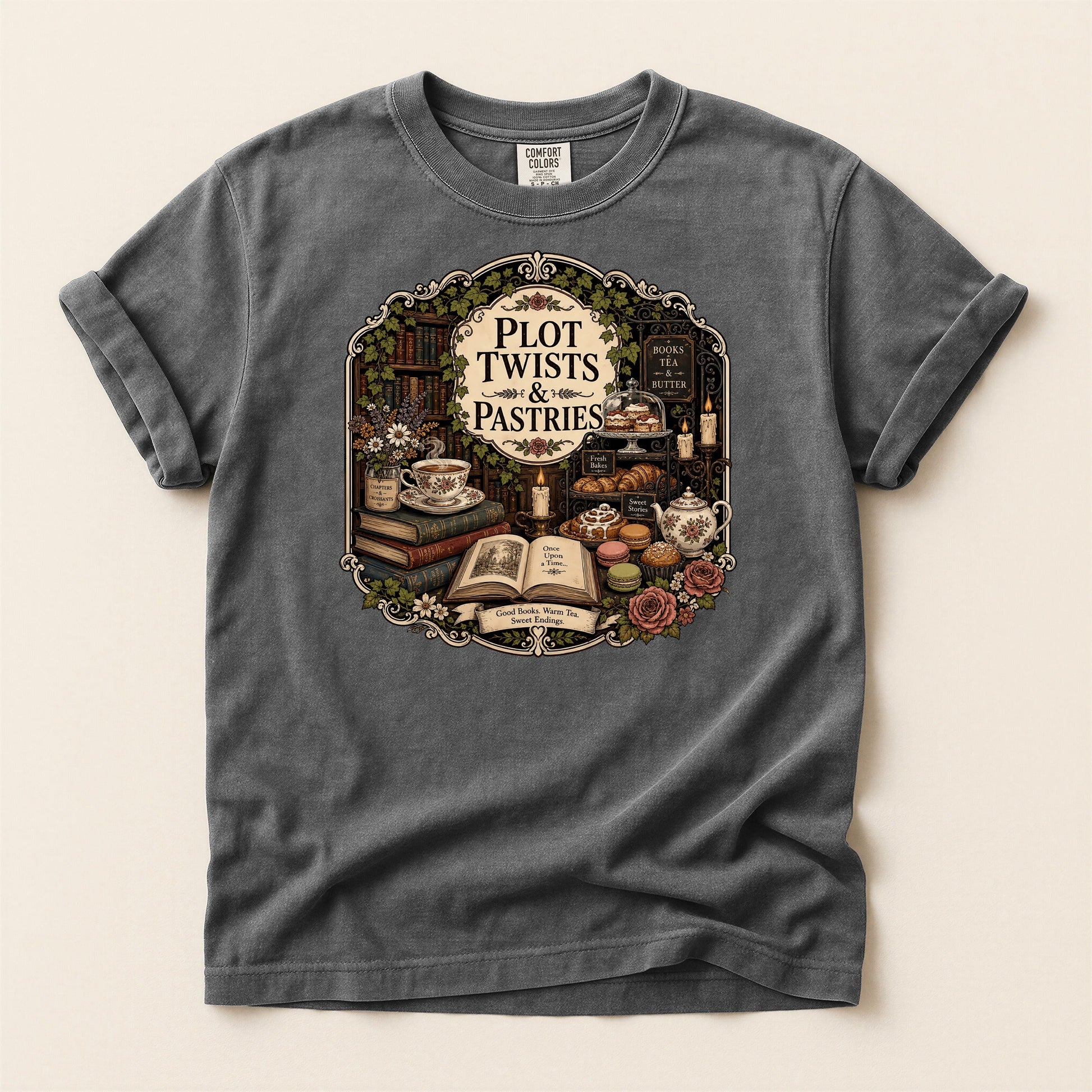 Plot Twists and Pastries bookish tee in Pepper, full flat