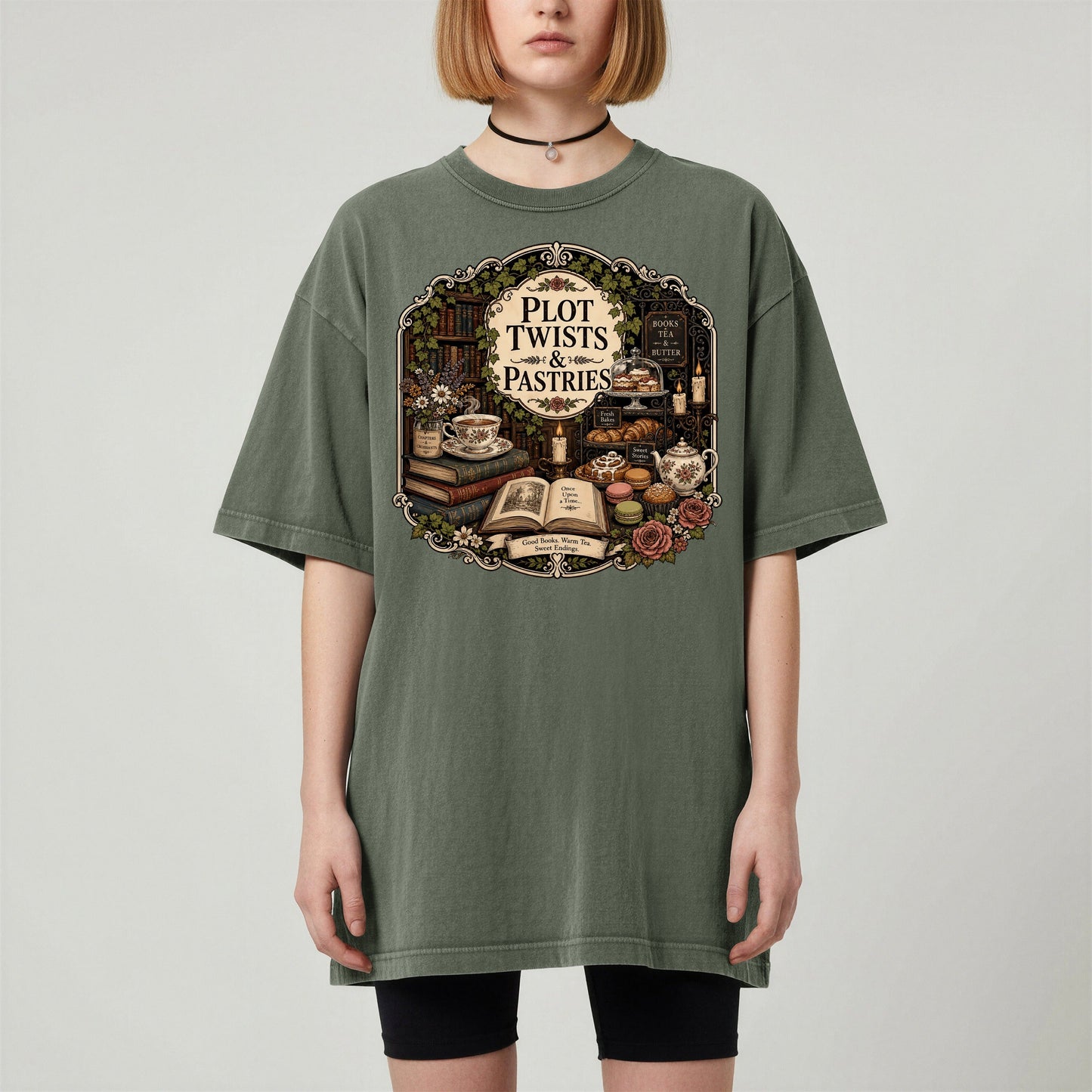Plot Twists and Pastries bookish tee in Moss, worn