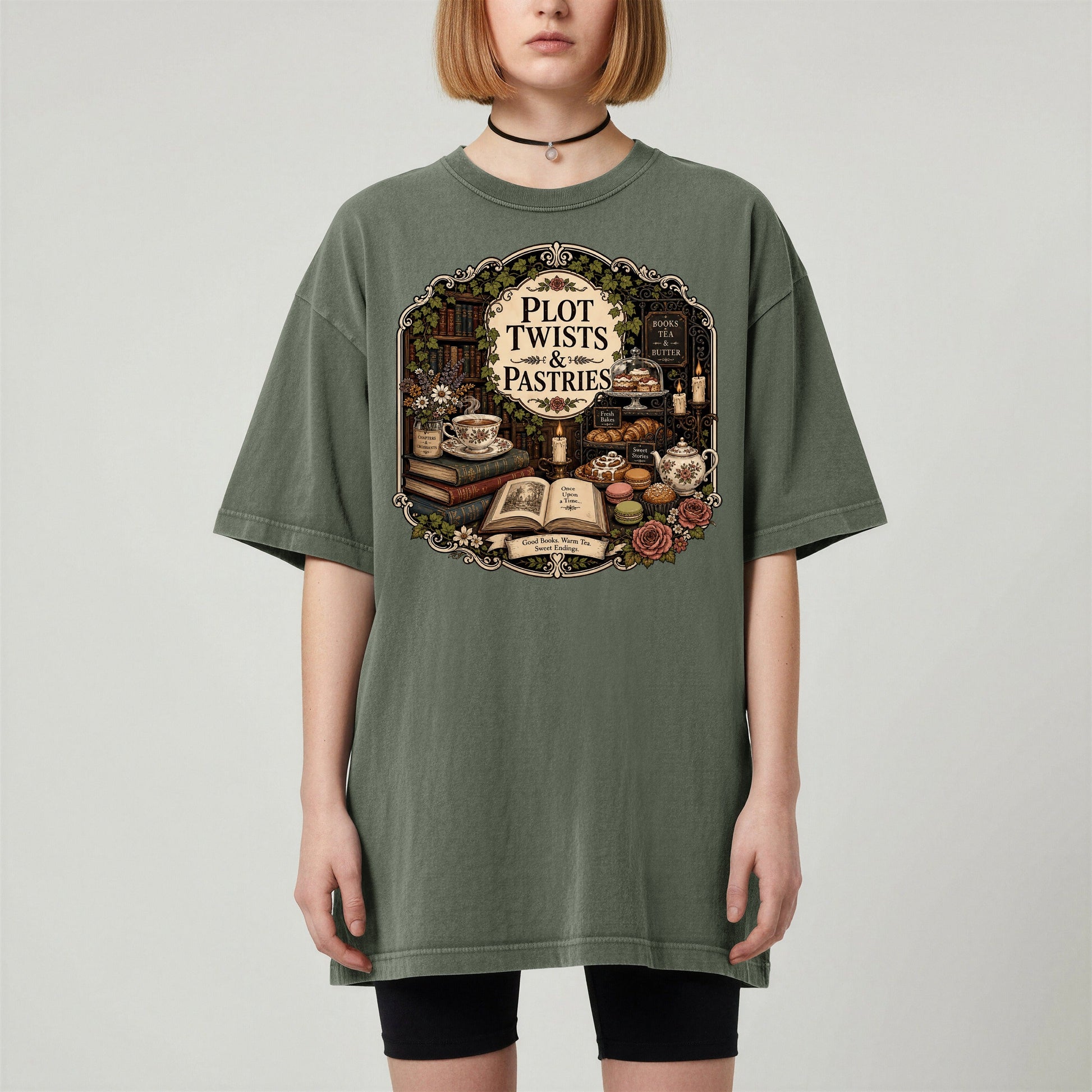 Plot Twists and Pastries bookish tee in Moss, worn