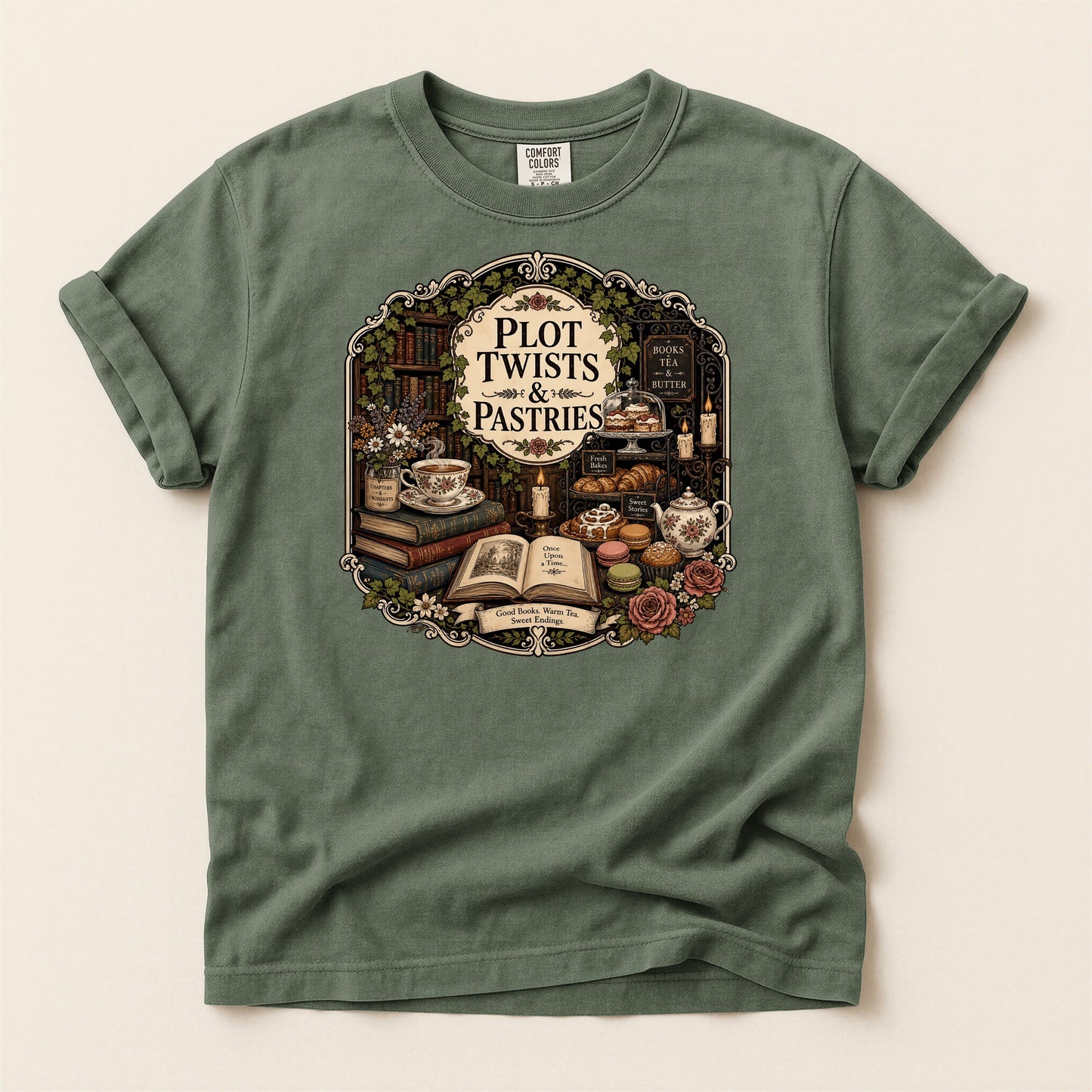 Plot Twists and Pastries bookish tee in Moss, full flat