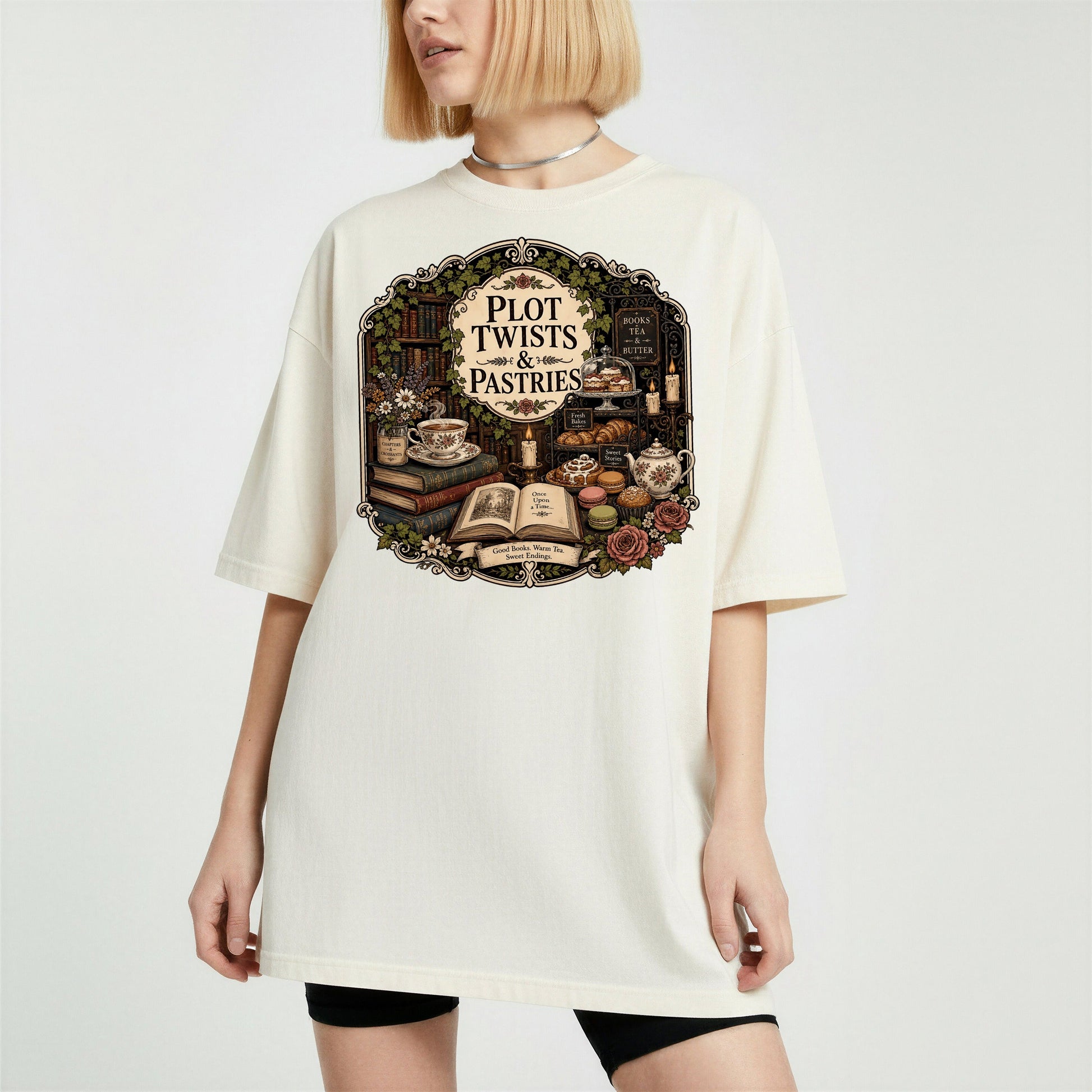 Plot Twists and Pastries bookish tee in Ivory, worn
