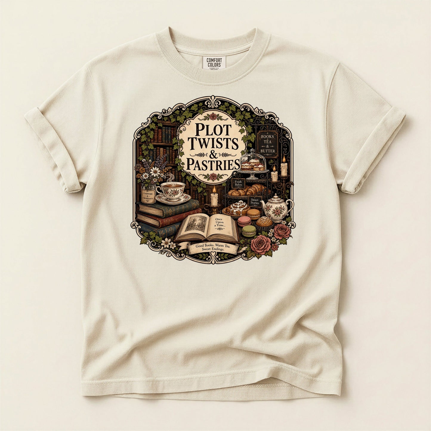 Plot Twists and Pastries bookish tee in Ivory, full flat