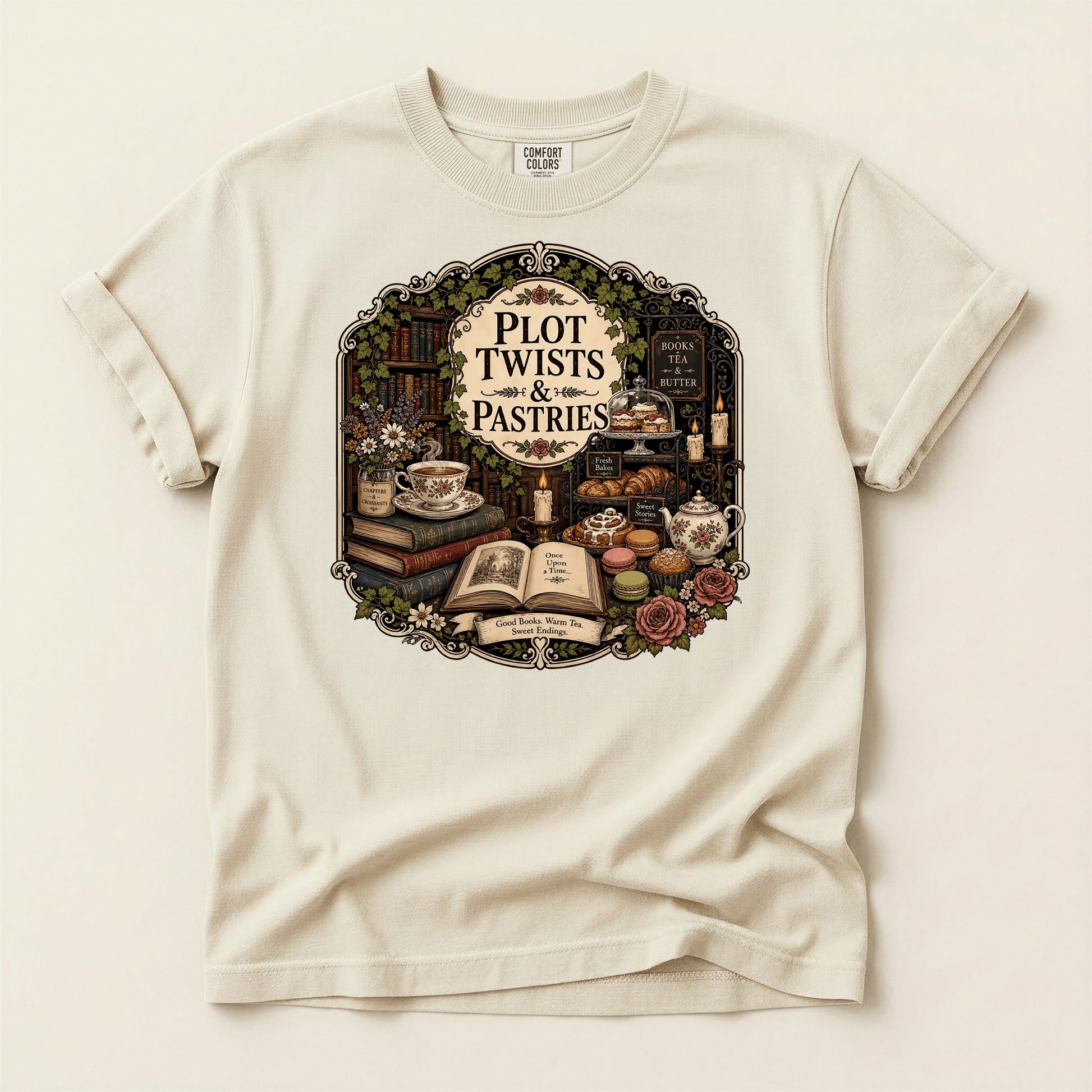 Plot Twists and Pastries bookish tee in Ivory, full flat