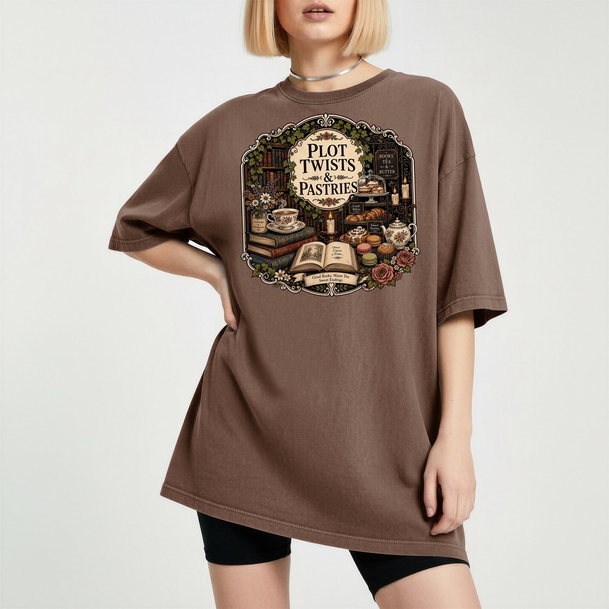Plot Twists and Pastries bookish tee in Espresso, worn