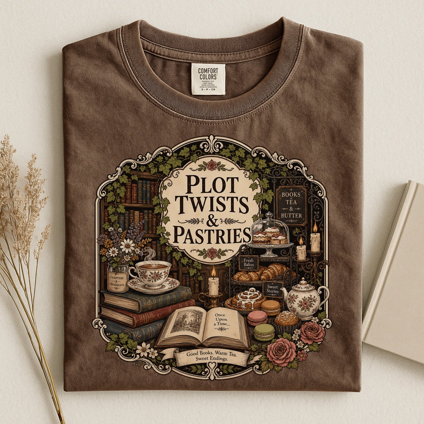 Plot Twists and Pastries bookish tee in Espresso, flat lay
