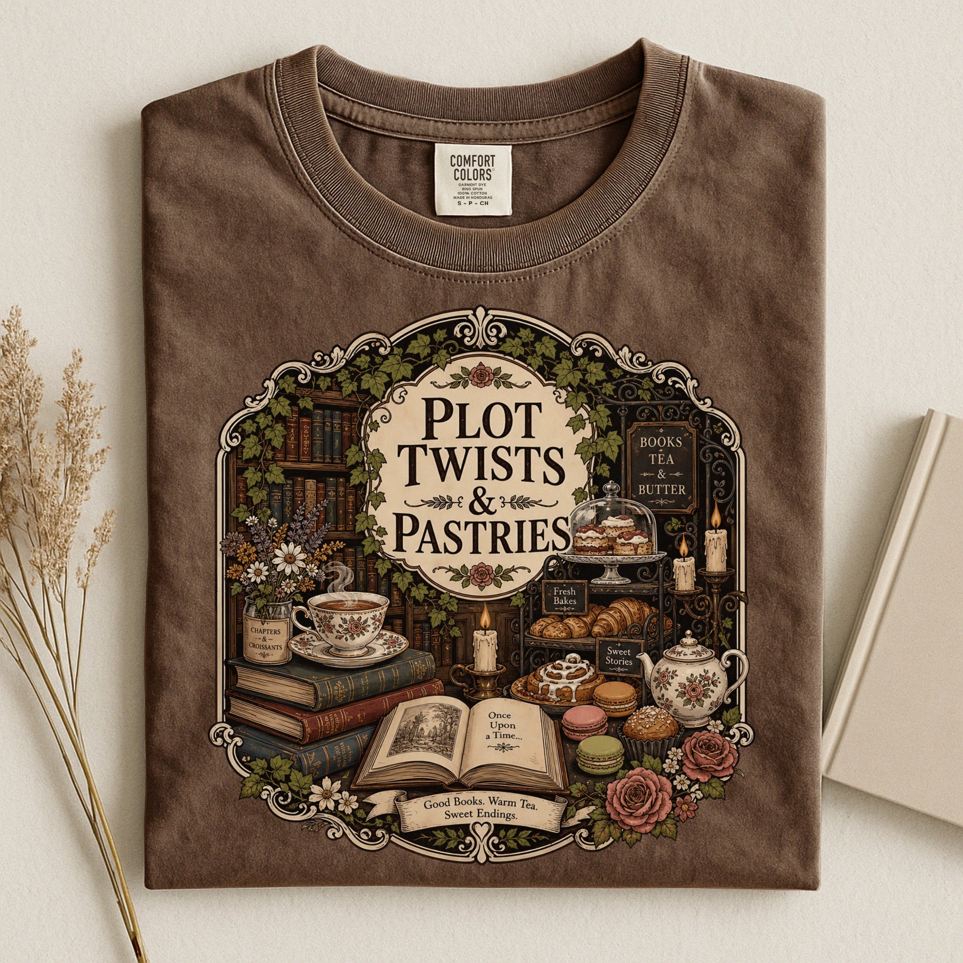 Plot Twists and Pastries bookish tee in Espresso, flat lay