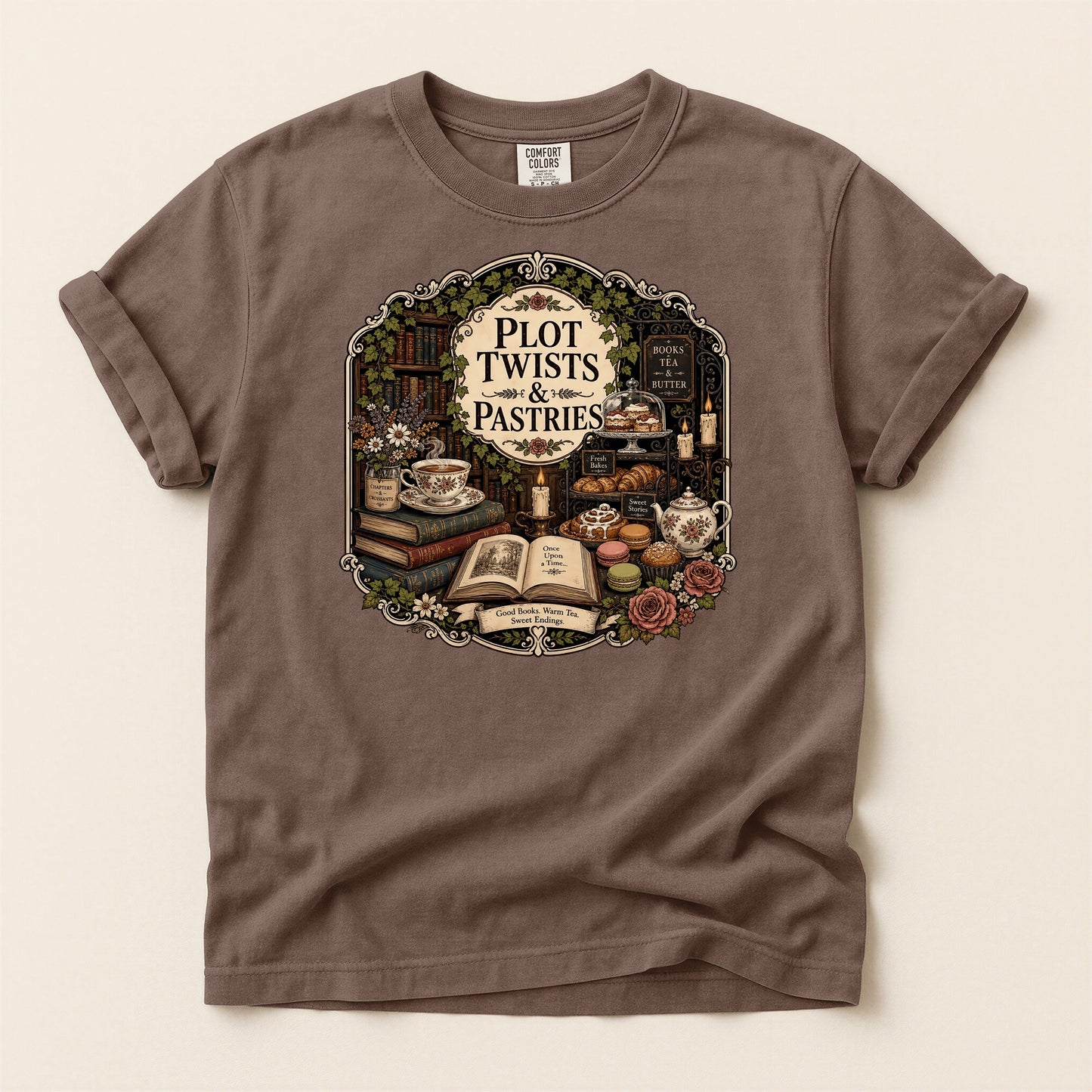Plot Twists and Pastries bookish tee in Espresso, full flat