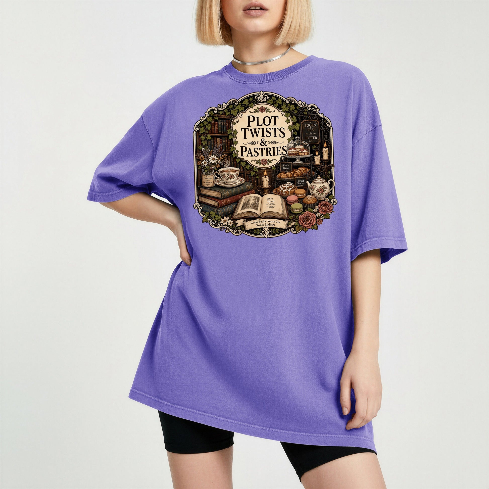 Plot Twists and Pastries bookish tee in Violet, worn