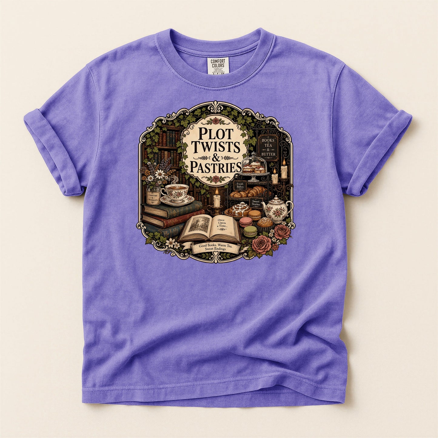 Plot Twists and Pastries bookish tee in Violet, full flat