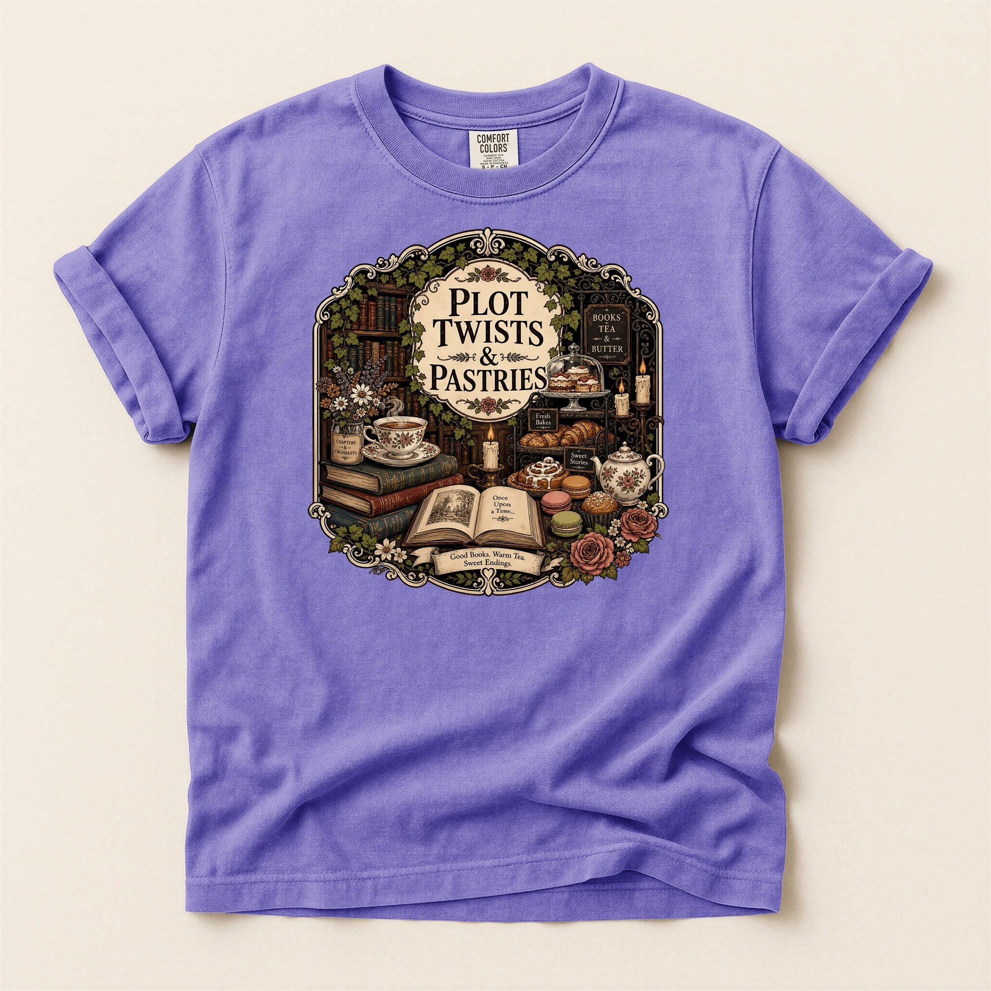 Plot Twists and Pastries bookish tee in Violet, full flat