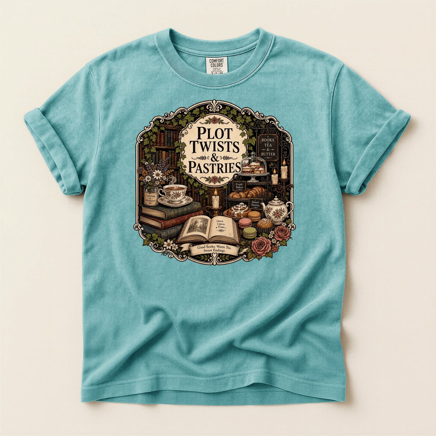 Plot Twists and Pastries bookish tee in Seafoam, full flat