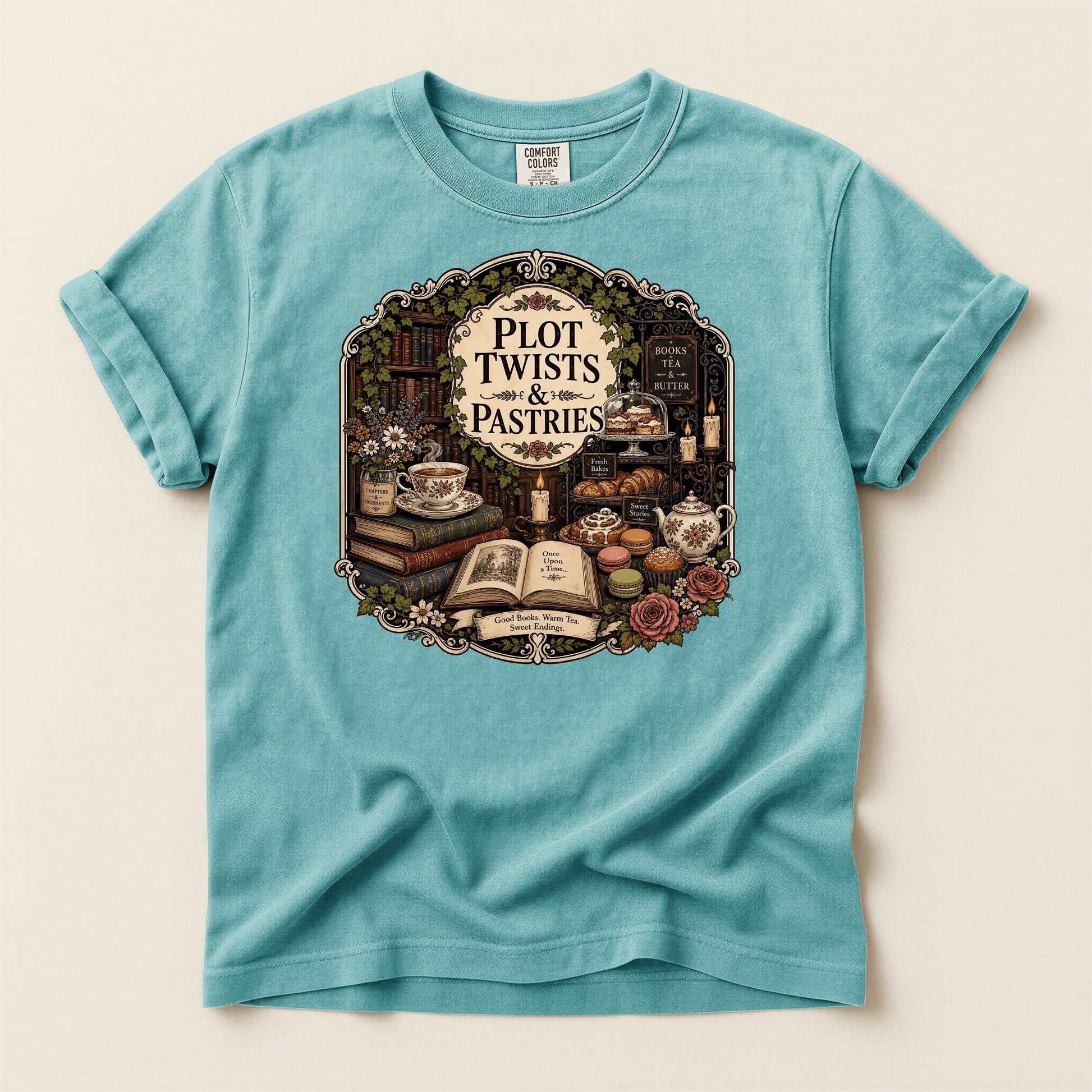 Plot Twists and Pastries bookish tee in Seafoam, full flat