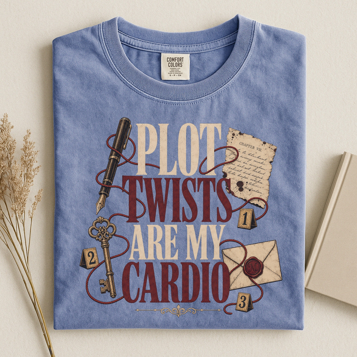 Shelf Love Studio Plot Twists Are My Cardio t-shirt in Blue Jean, styled flat lay
