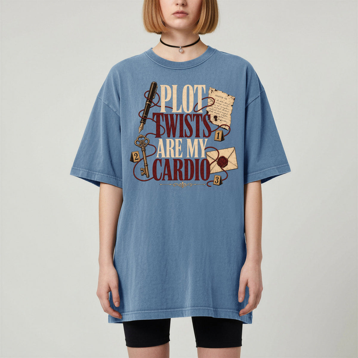 Shelf Love Studio Plot Twists Are My Cardio t-shirt in Blue Jean, worn