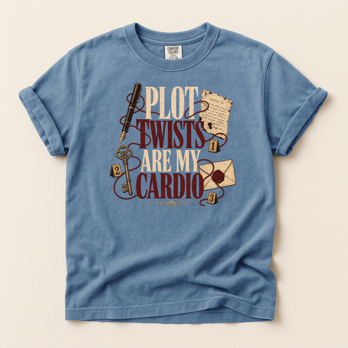 Shelf Love Studio Plot Twists Are My Cardio t-shirt in Blue Jean, flat