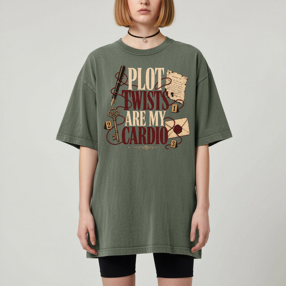 Shelf Love Studio Plot Twists Are My Cardio t-shirt in Moss, worn