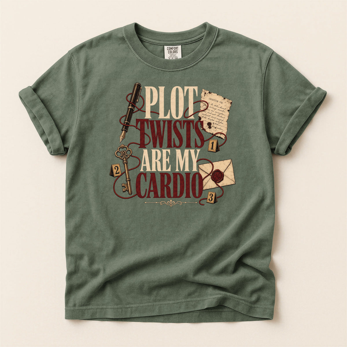 Shelf Love Studio Plot Twists Are My Cardio t-shirt in Moss, flat