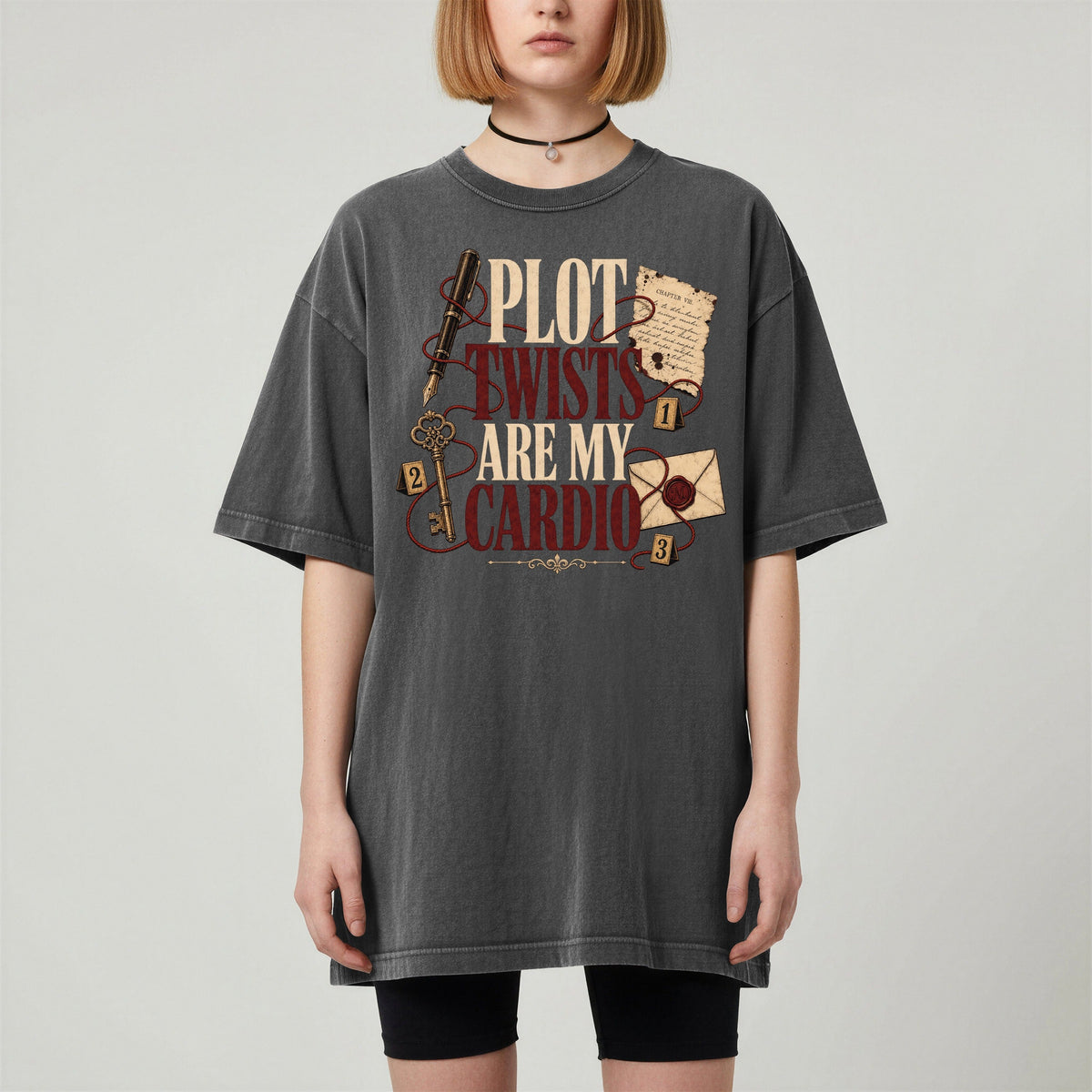 Shelf Love Studio Plot Twists Are My Cardio t-shirt in Pepper, worn