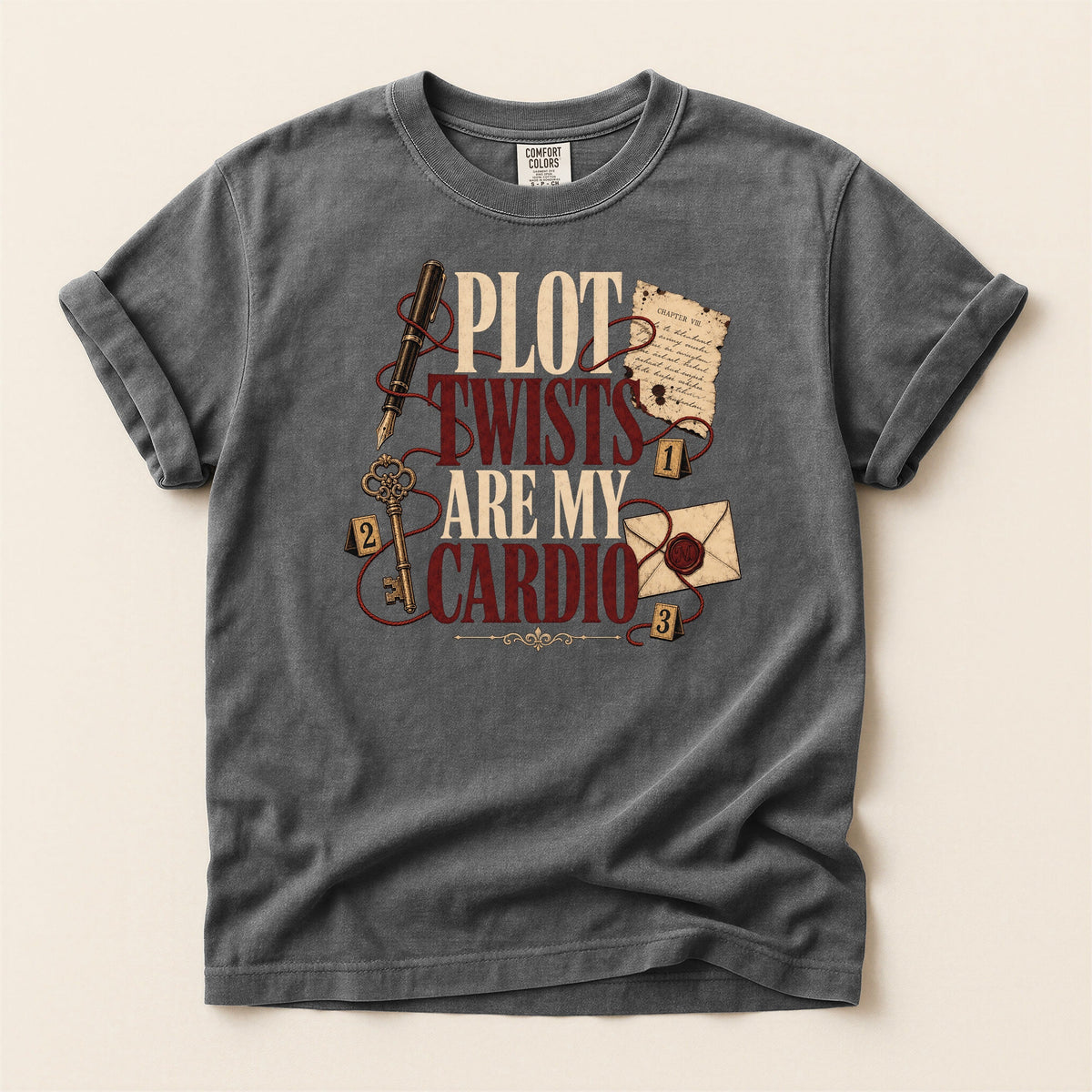 Shelf Love Studio Plot Twists Are My Cardio t-shirt in Pepper, flat