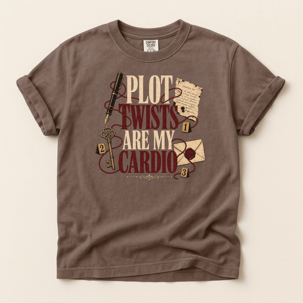 Shelf Love Studio Plot Twists Are My Cardio t-shirt in Espresso, flat