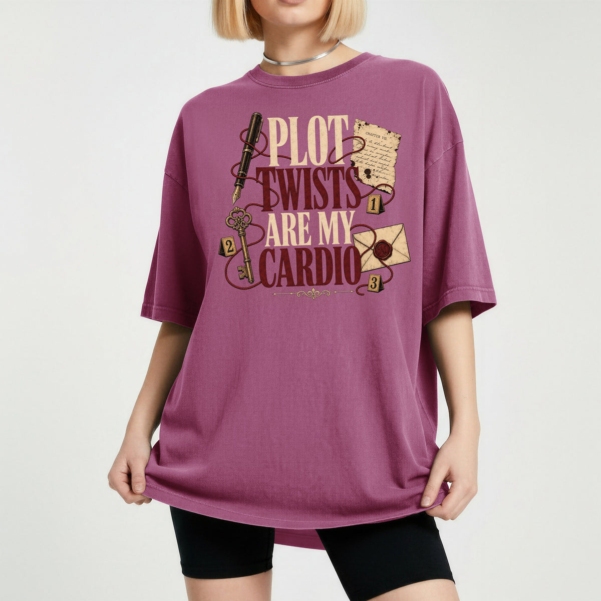 Shelf Love Studio Plot Twists Are My Cardio t-shirt in Berry, worn