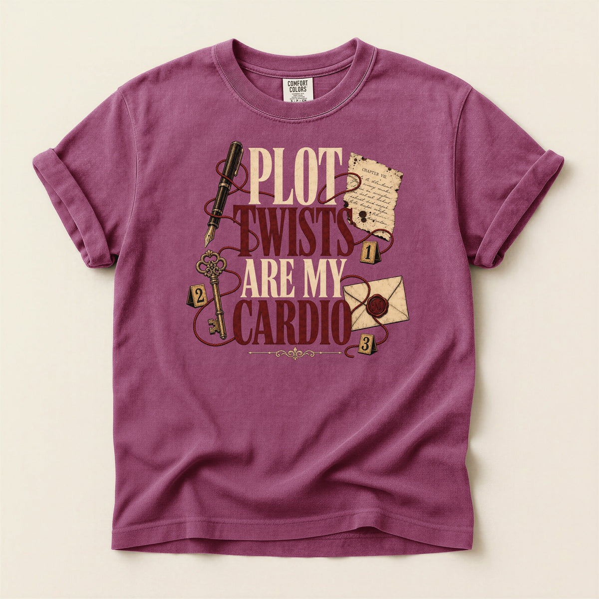 Shelf Love Studio Plot Twists Are My Cardio t-shirt in Berry, flat