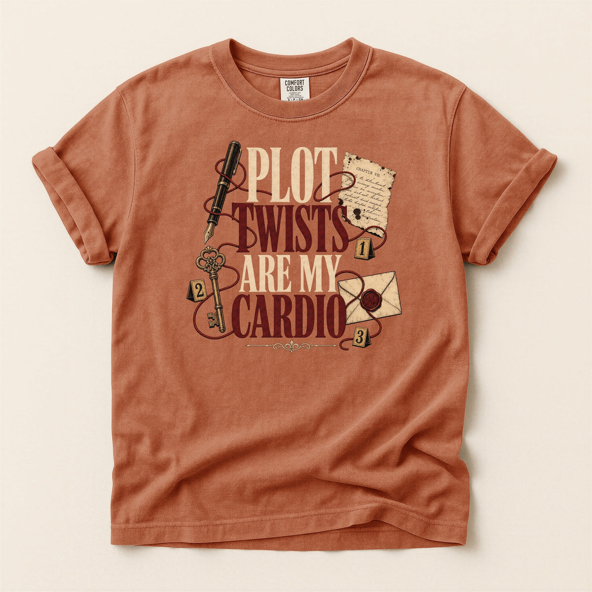 Shelf Love Studio Plot Twists Are My Cardio t-shirt in Yam, flat