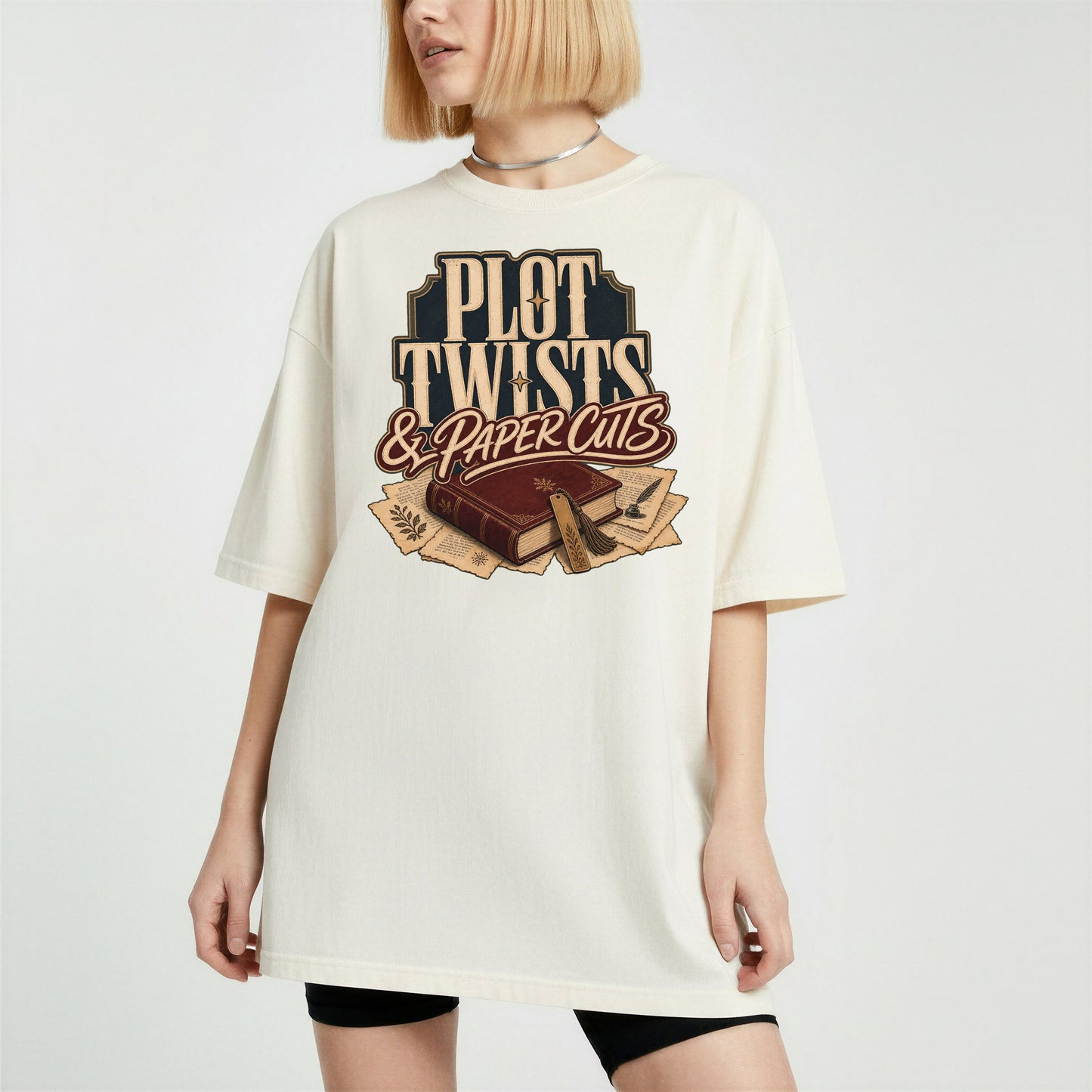 Plot Twists & Paper Cuts bookish tee in Ivory, worn