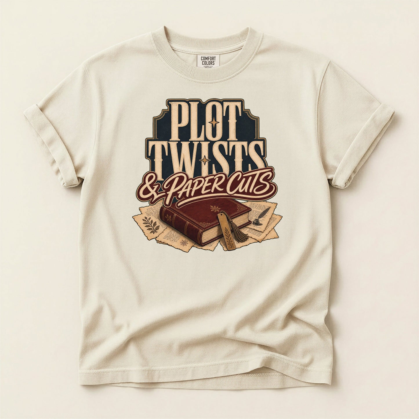 Plot Twists & Paper Cuts bookish tee in Ivory, full flat