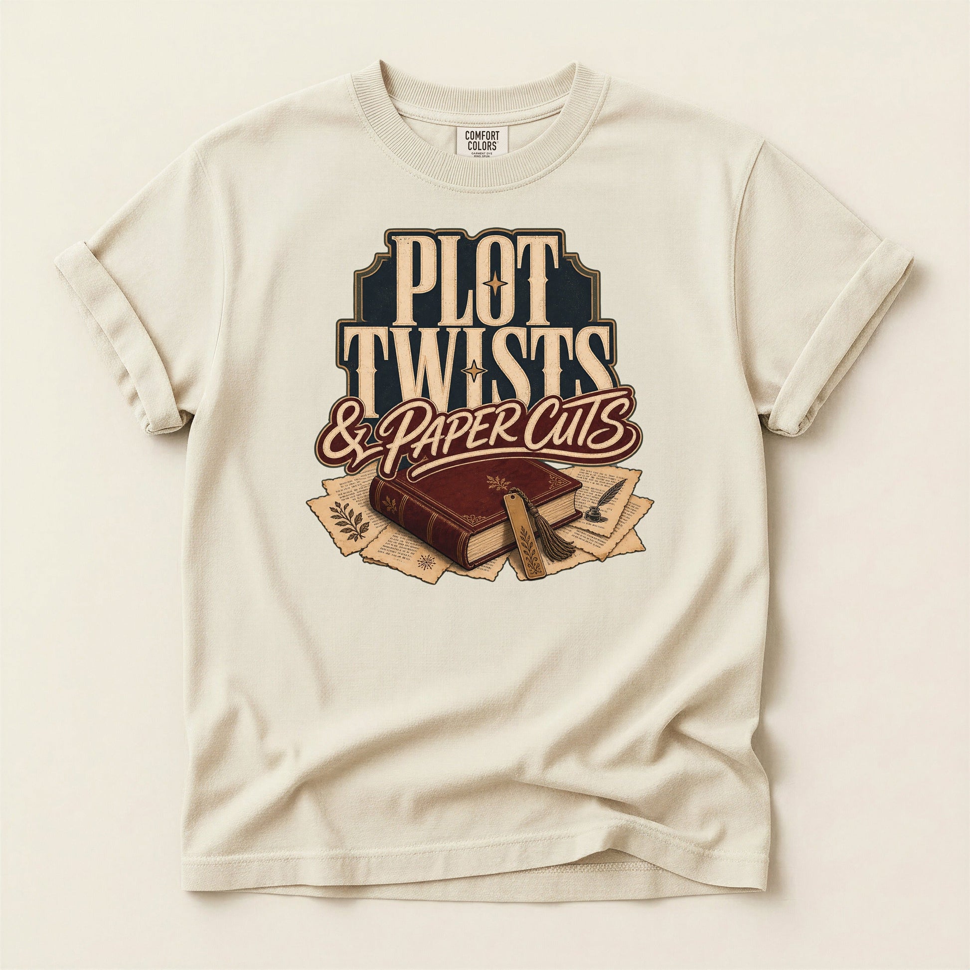Plot Twists & Paper Cuts bookish tee in Ivory, full flat
