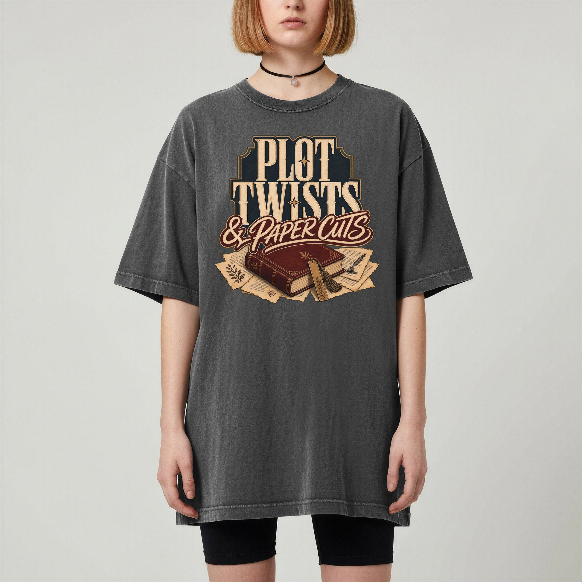 Plot Twists & Paper Cuts bookish tee in Pepper, worn