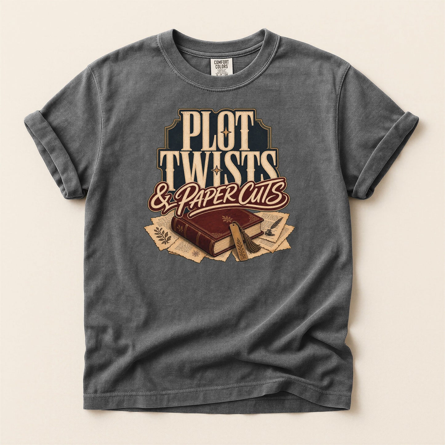 Plot Twists & Paper Cuts bookish tee in Pepper, full flat