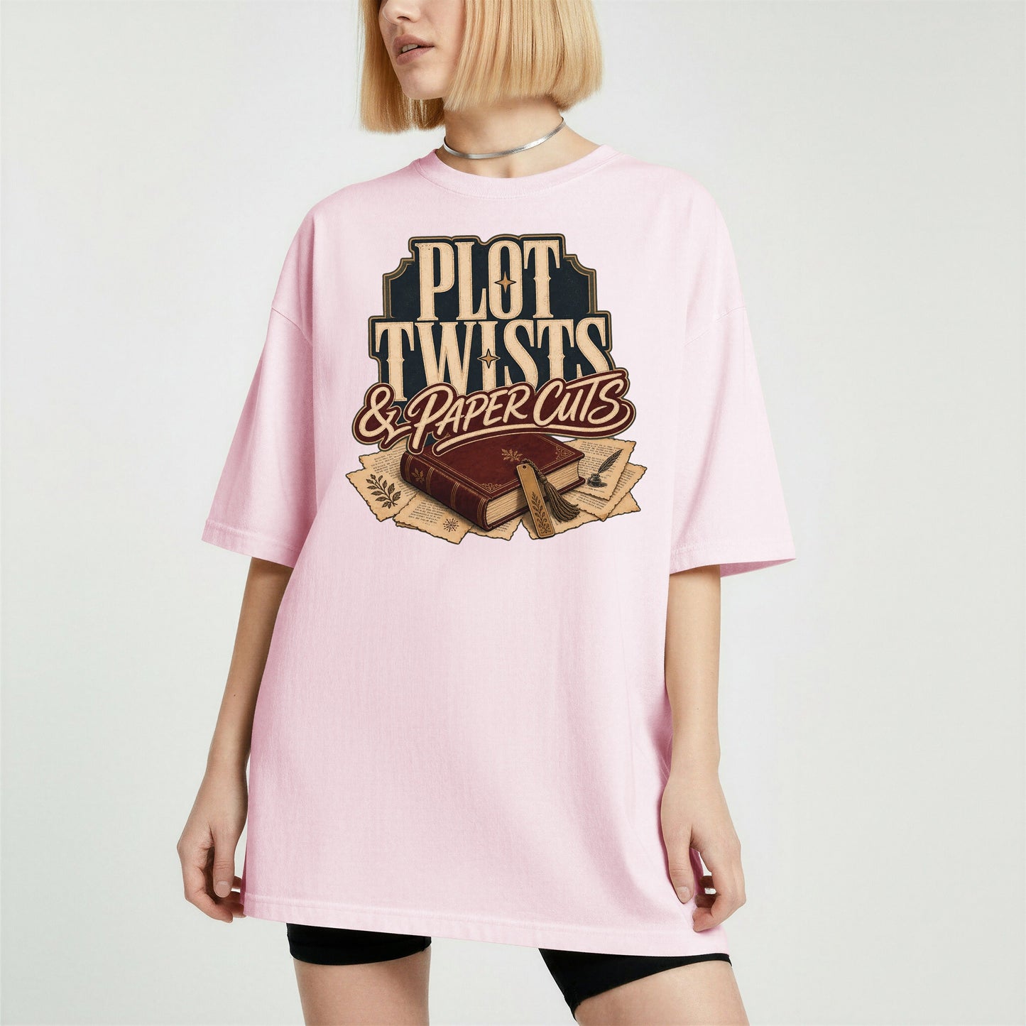 Plot Twists & Paper Cuts bookish tee in Blossom, worn