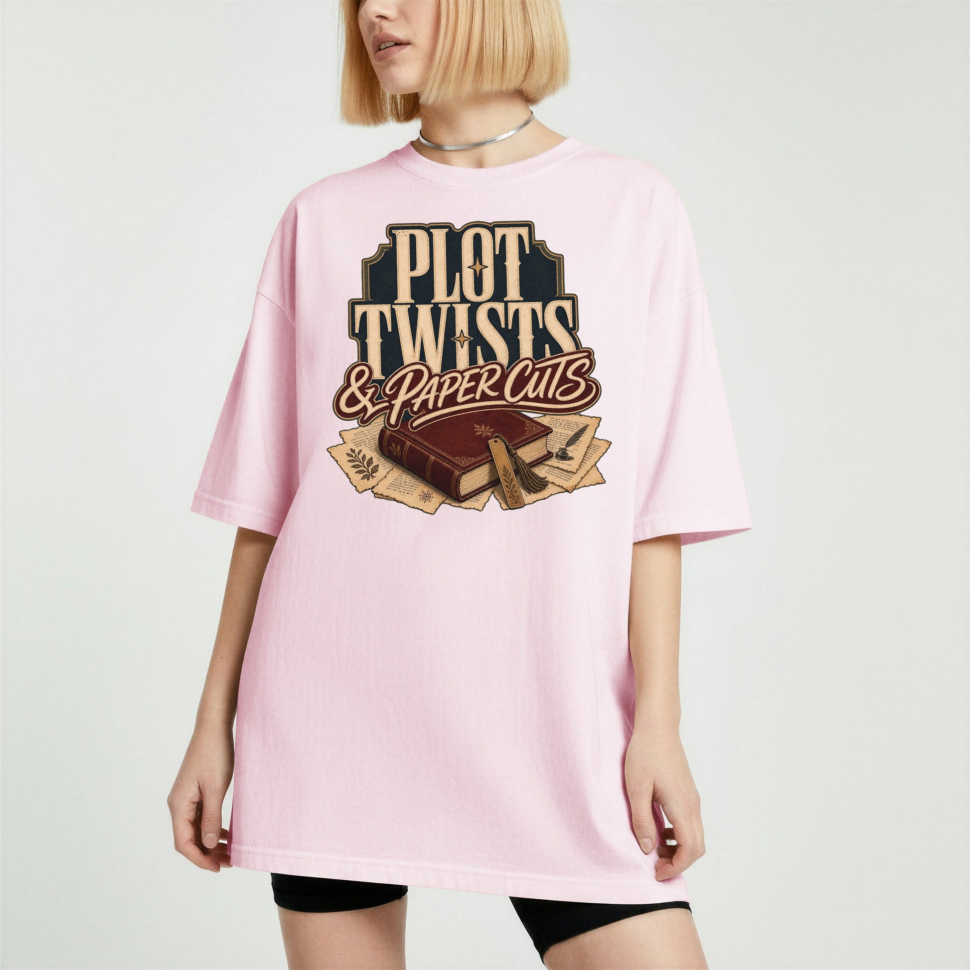 Plot Twists & Paper Cuts bookish tee in Blossom, worn