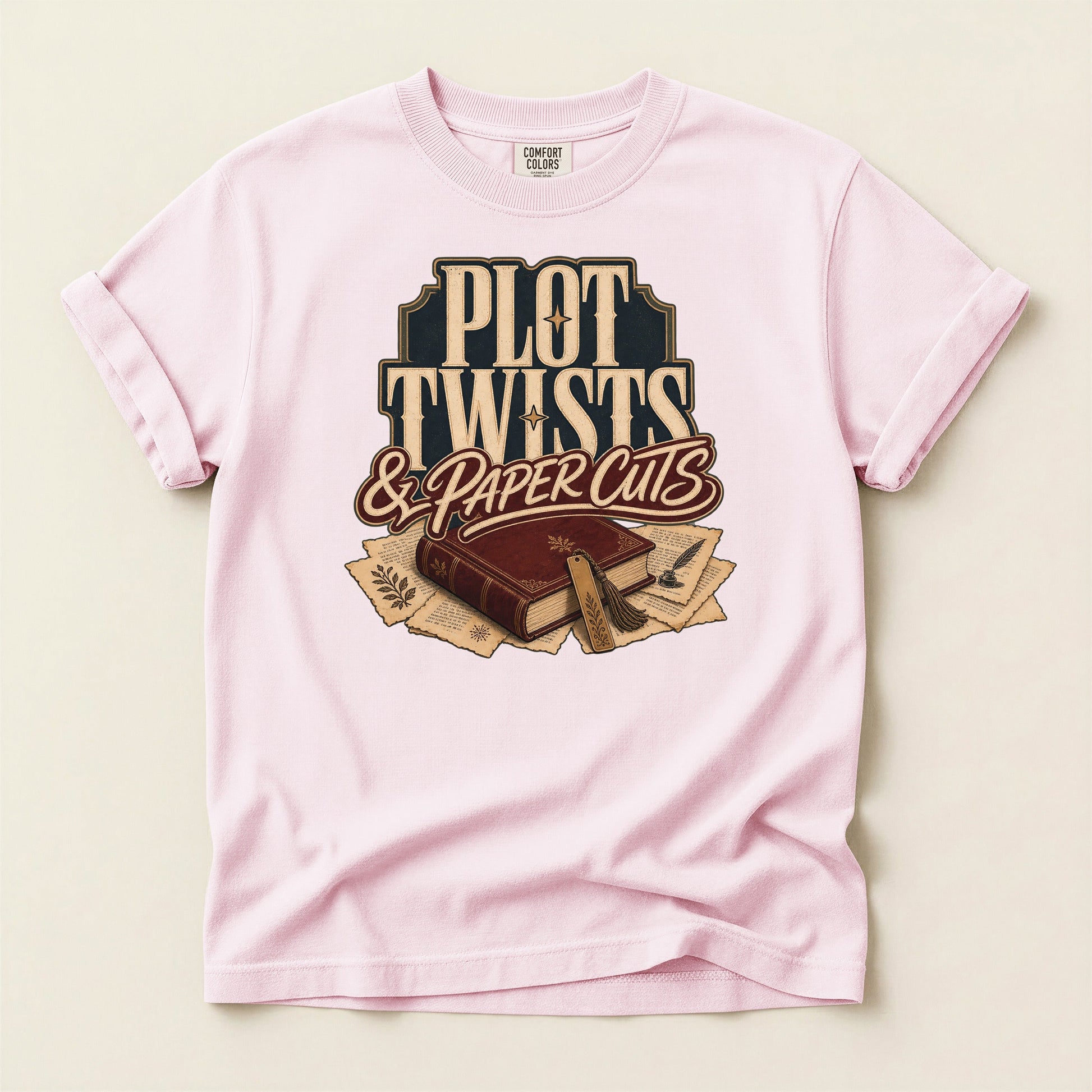 Plot Twists & Paper Cuts bookish tee in Blossom, full flat