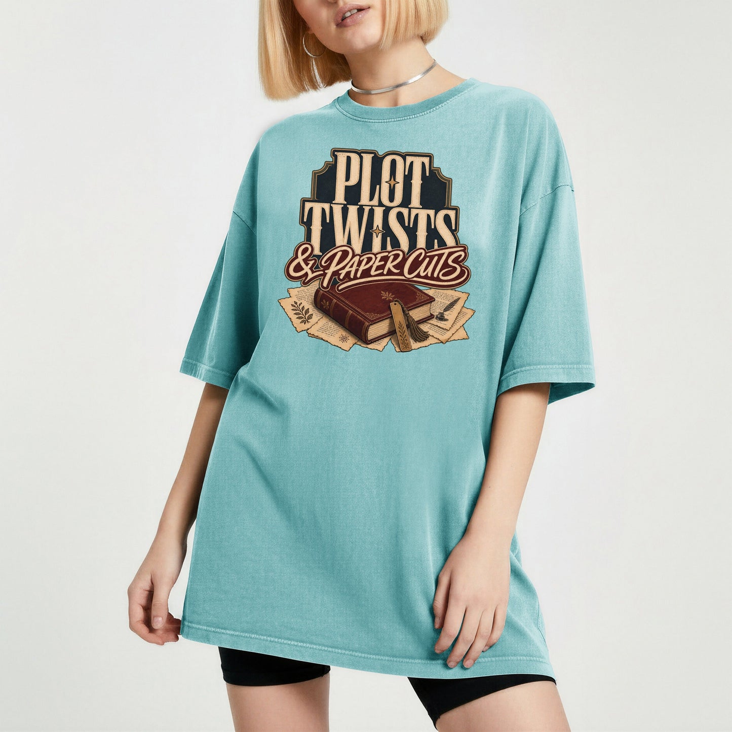Plot Twists & Paper Cuts bookish tee in Seafoam, worn