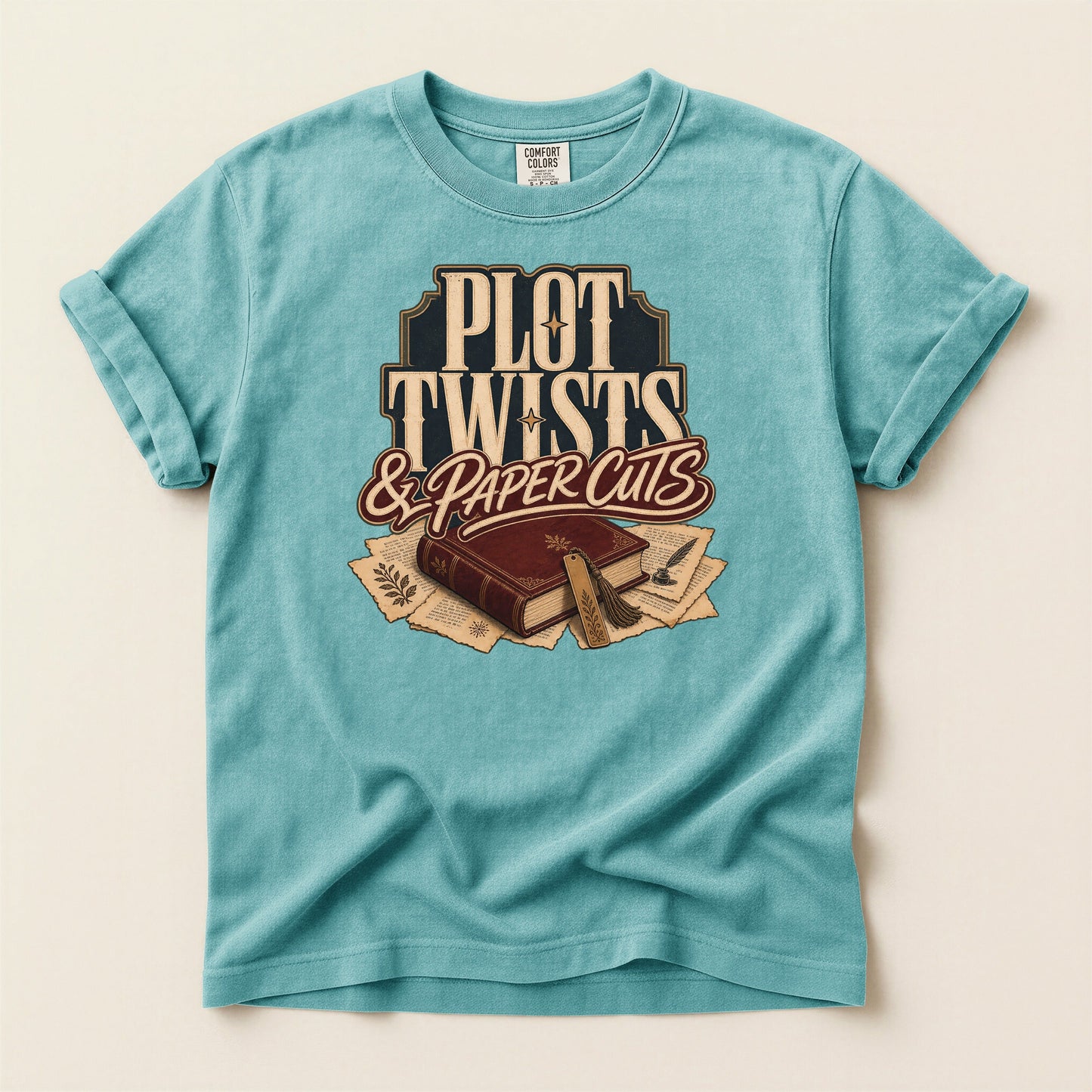Plot Twists & Paper Cuts bookish tee in Seafoam, full flat