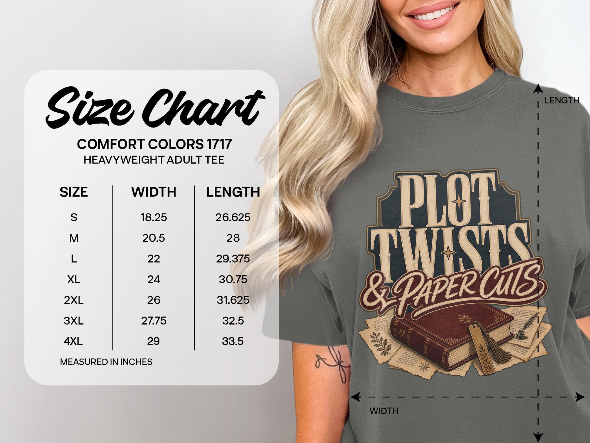Plot Twists & Paper Cuts size chart